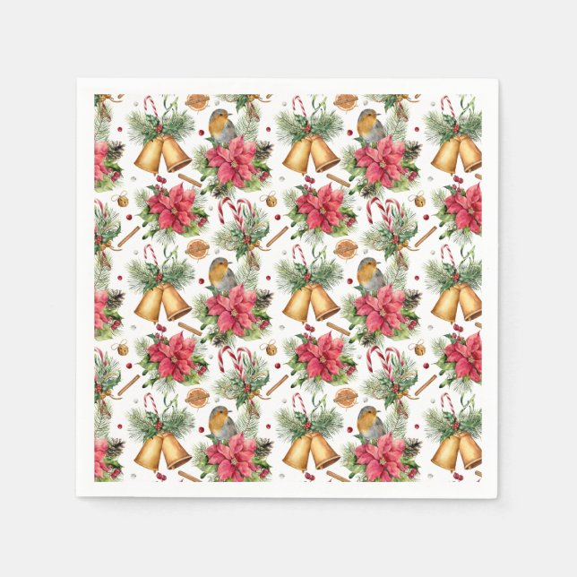 Red Robin Poinsettia Bells Weihnachten Serviette (Vorderseite)