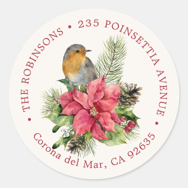 Red Robin, Poinsettia Rücksendeadresse Label Runder Aufkleber (Vorderseite)