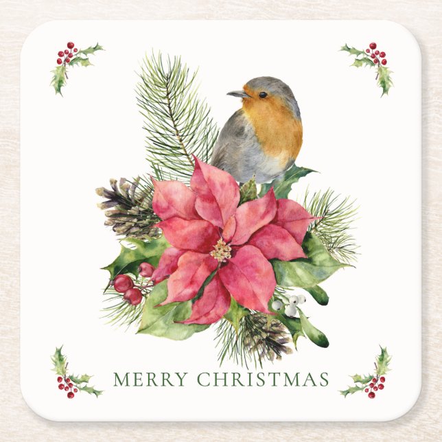 Red Robin Poinsettia Weihnachtszeitung Untersetzer (Vorderseite)
