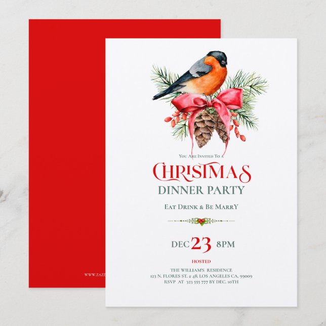 Red Robin with pinecones Christmas design Einladung (Vorne/Hinten)