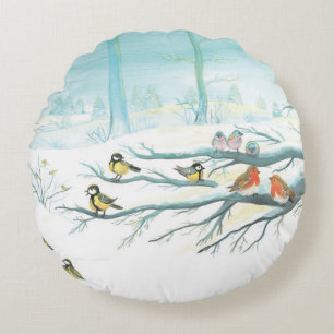 Red Robins & Tit Birds im Winterwald Rundes Kissen