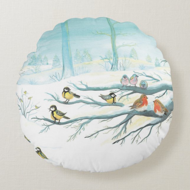 Red Robins & Tit Birds im Winterwald Rundes Kissen (Vorderseite)