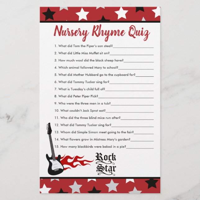 Red Rock Star Baby Dusche Kinderzimmer Rhyme Quiz (Vorderseite)