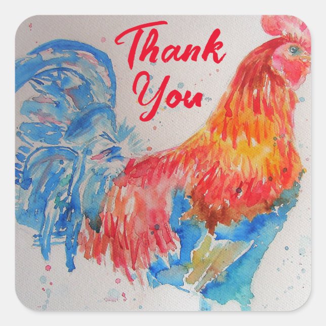 Red Rooster Aquarellbilder Vielen Dank Quadratischer Aufkleber (Vorderseite)