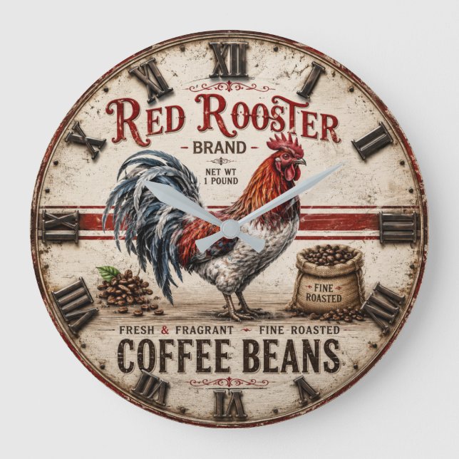 Red Rooster Coffee Beans Rustic Farmhouse Große Wanduhr (Vorderseite)