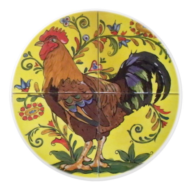 Red Rooster Gelbes Hühnchen Folkloreführung Stille Keramikknauf (Vorderseite)