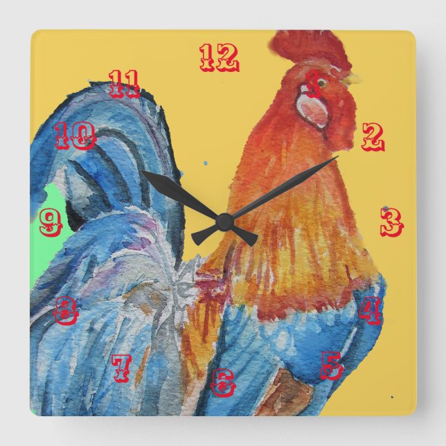 Red Rooster Hühner Cockerel Vögel Wasserfarbe Quadratische Wanduhr (Vorderseite)