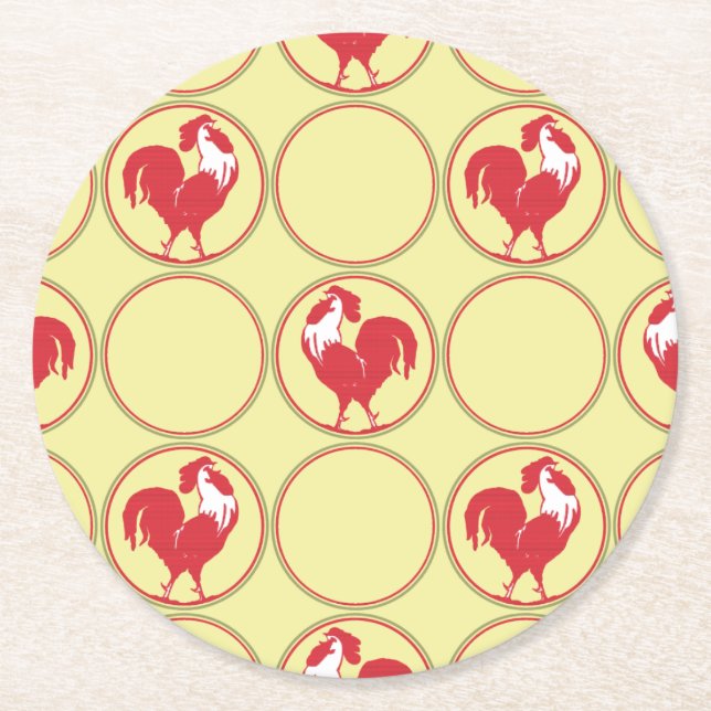 Red Rooster Medallion Muster auf Gelb Runder Pappuntersetzer (Vorderseite)