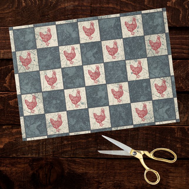 Red Rooster on Gray Black Checkerboard Farmhouse Seidenpapier (Von Creator hochgeladen)