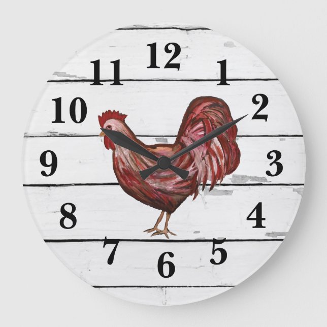 Red Rooster Shiplap Bauernhaus Dekoration Große Wanduhr (Vorderseite)