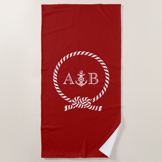 Red Rope and Anchor Mit Monogramm Strandtuch (Vorderseite)