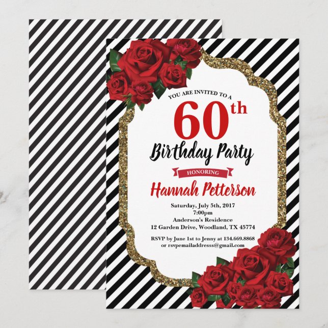 Red rose 60e anniversaire invitation femme (Devant / Derrière)