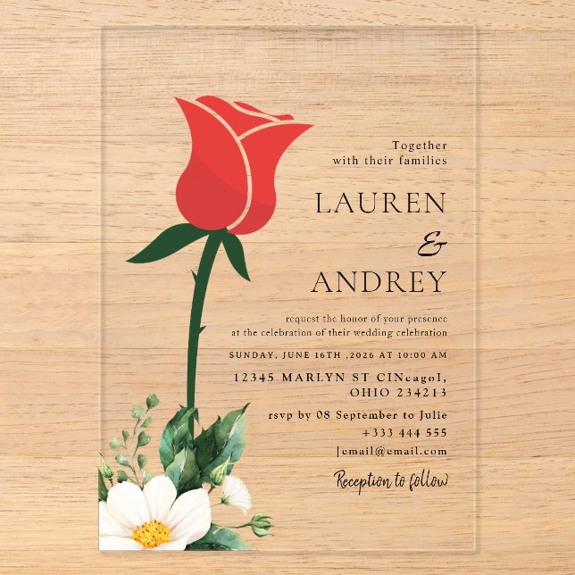 Red Rose Acrylic Wedding Invitation Acryleinladungen (Vorderseite)