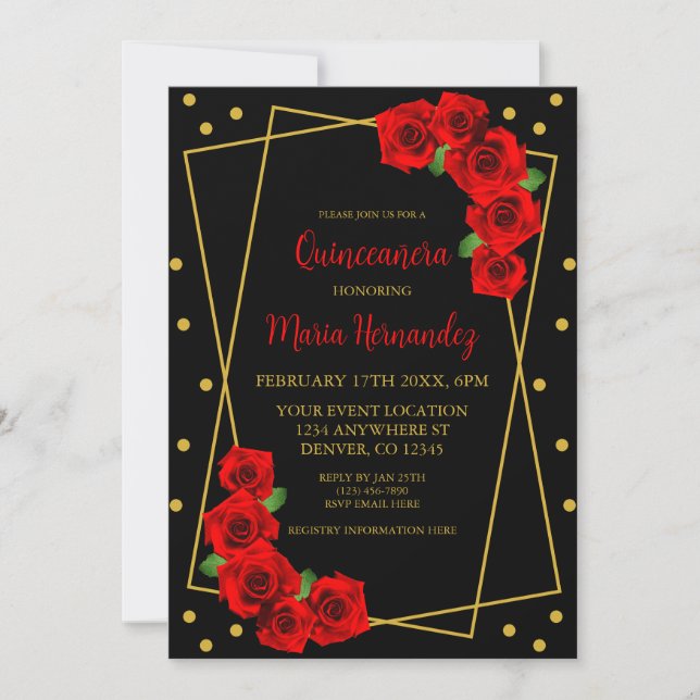 Red Rose Black and Gold Quinceañera Einladung (Vorderseite)