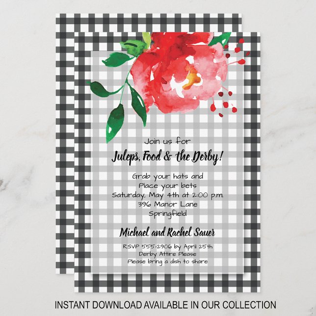 Red Rose Black En vichy Derby Party Invitations (INSTANT DOWNLOAD available in our collection to send your invitations digitally.)