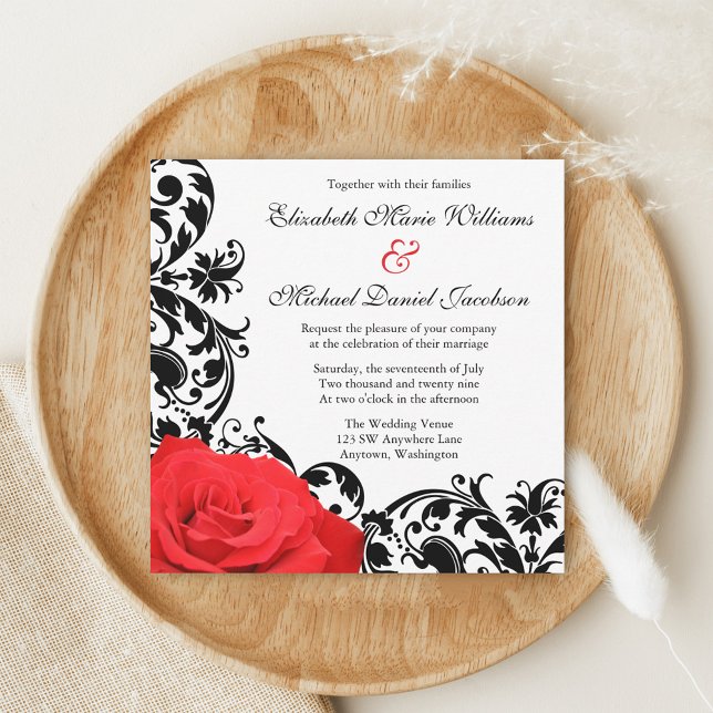 Red Rose Black Flourish Wedding Invitations (Créateur téléchargé)