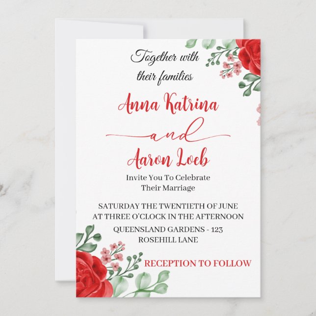 Red Rose Floral Wedding Invitation Template (Devant)