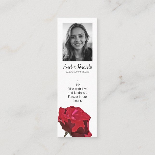 Red Rose Funeral Mini Bookmark Card Visitenkarte (Vorderseite)