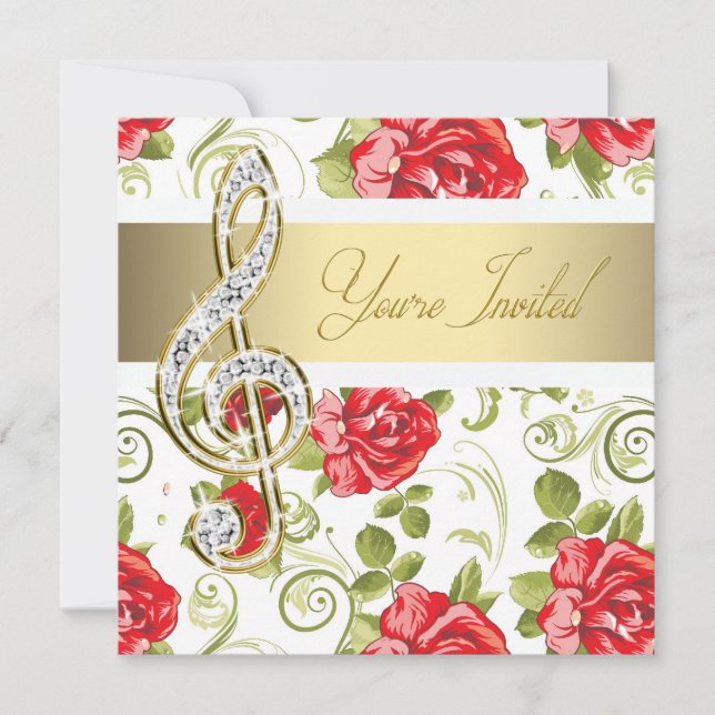 Red Rose Gold Treble Clef Considérant Invitation (Devant)