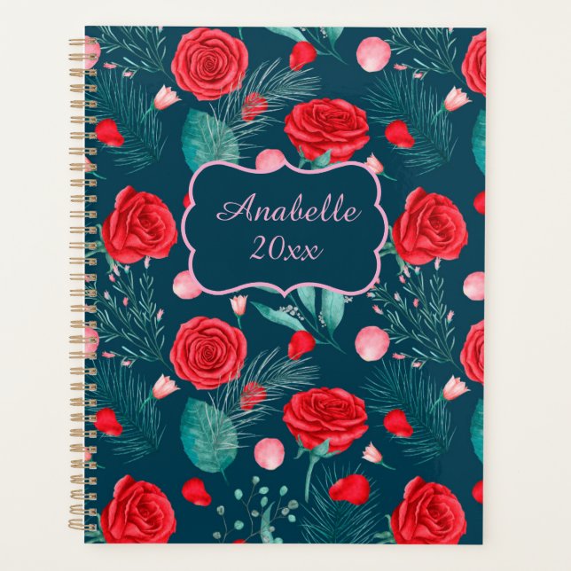 Red Rose & Green Leaves Personalized Planer (Vorderseite)