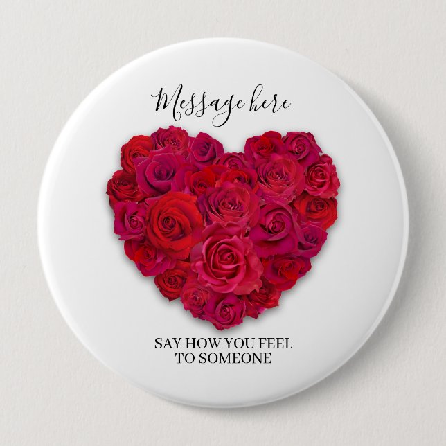 Red Rose Heart Romantic Floral Custom Text Button (Vorderseite)