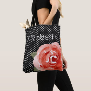 Red Rose on Black White Polka Dots Tasche
