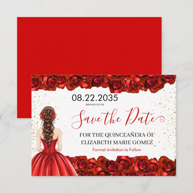 Red Rose Quinceañera Save the Date Card (Vorne/Hinten)