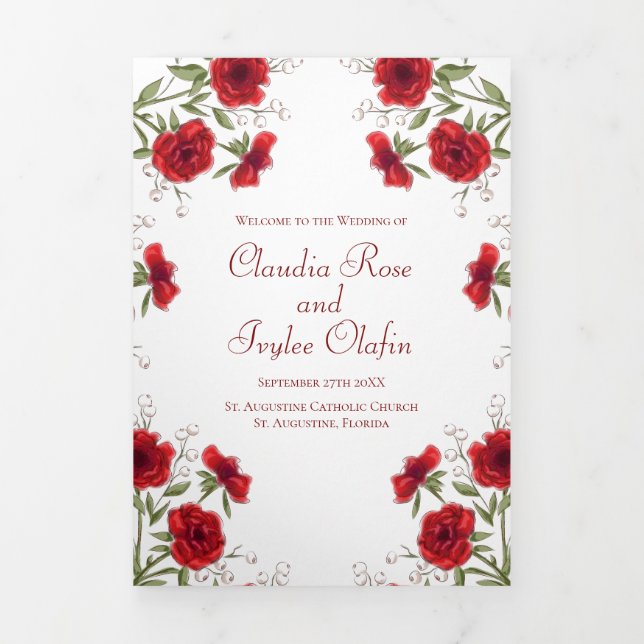 Red Rose Romantic Wedding Programs Dreifach-gefaltete Programmkarte (Cover)