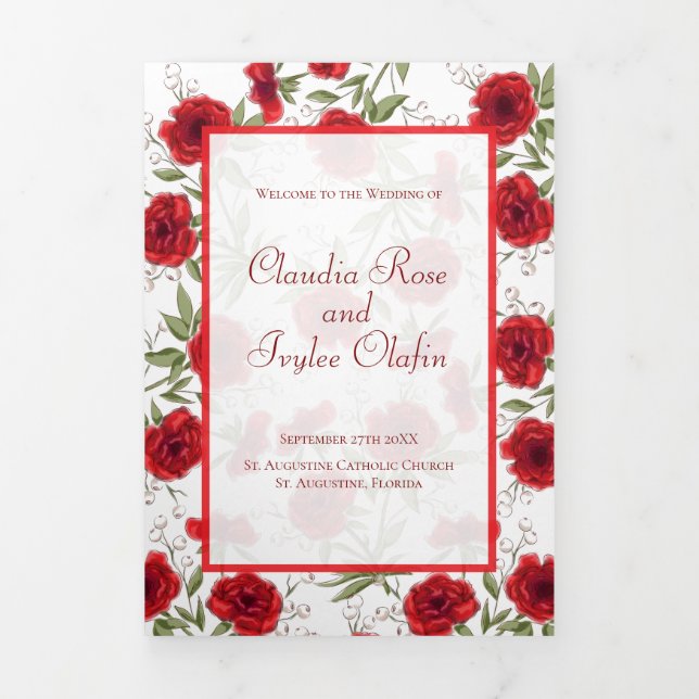 Red Rose Romantic Wedding Programs Dreifach-gefaltete Programmkarte (Cover)