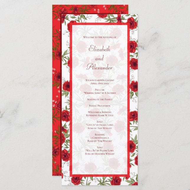 Red Rose Romantic Wedding Programs Menükarte (Vorne/Hinten)
