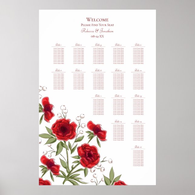 Red Rose Romantic Wedding Seating Chart Poster (Vorne)
