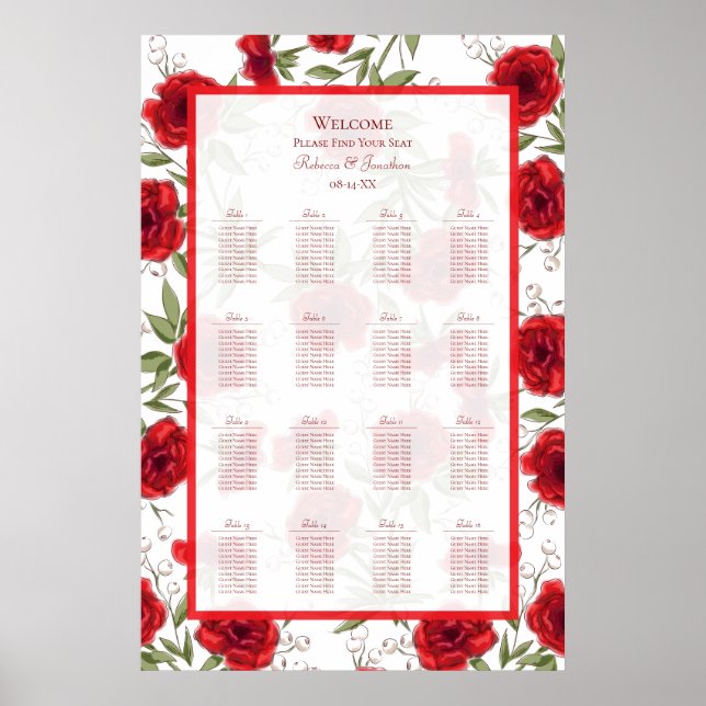 Red Rose Romantic Wedding Seating Chart Poster (Vorne)