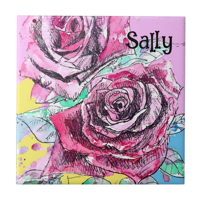 Red Rose Roses Watercolour Floral Flowers Flower Fliese (Vorderseite)