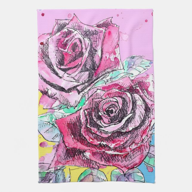 Red Rose Roses Watercolour Floral Flowers Flower Geschirrtuch (Vertikal)