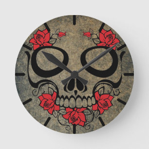 Red Rose Skull Runde Wanduhr