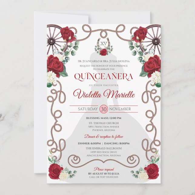 Red Rose Western Charro Quinceanera Invitation (Devant)