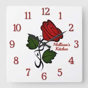 Red Rose with Name Red Numbers Quadratische Wanduhr