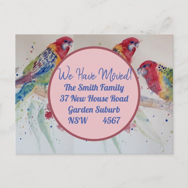 Red Rosella neue Adresse Postcard Wir ziehen Postkarte (Vorderseite)