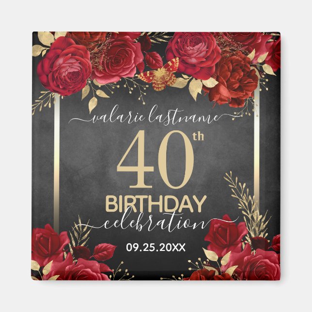 Red Roses 40th Birthday Save the Date Magnet (Devant)