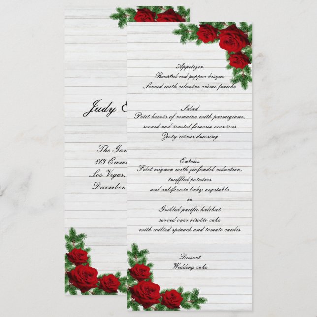Red Roses And Pine Branch Christmas Wedding Menu Menükarte (Vorne/Hinten)