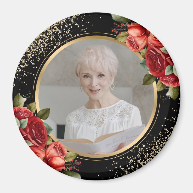 Red Roses Black Gold Floral Photo Magnet (Vorne)
