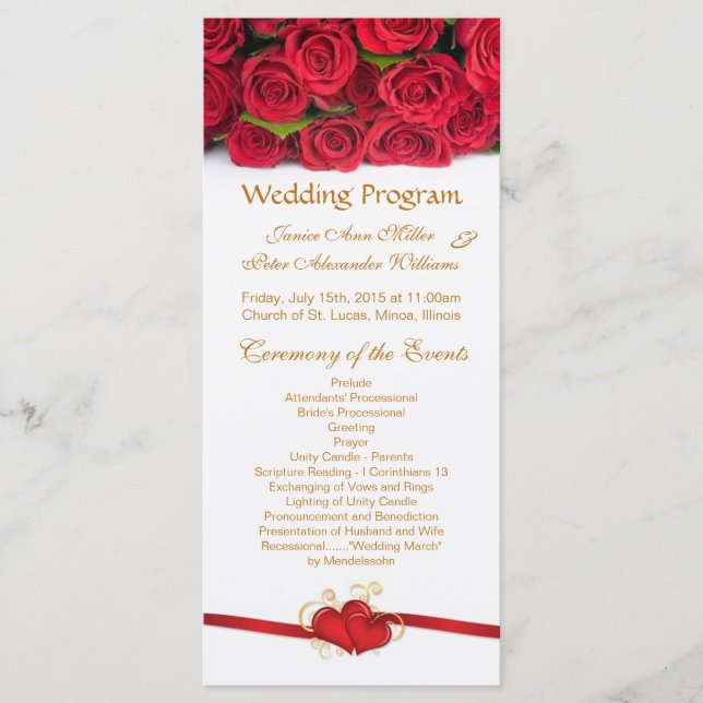 Red roses & coeurs Programme de mariage Carte rack (Devant)