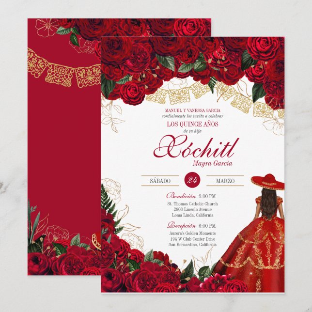 Red Roses Elegant Charro Quinceanera Invitation (Devant / Derrière)