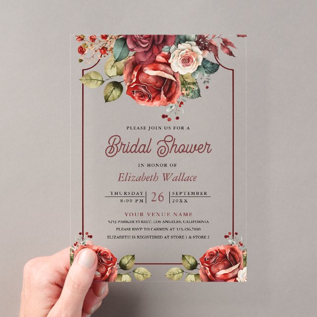 Red Roses Floral Bridal Shower Acryleinladungen (Insitu (Handheld))