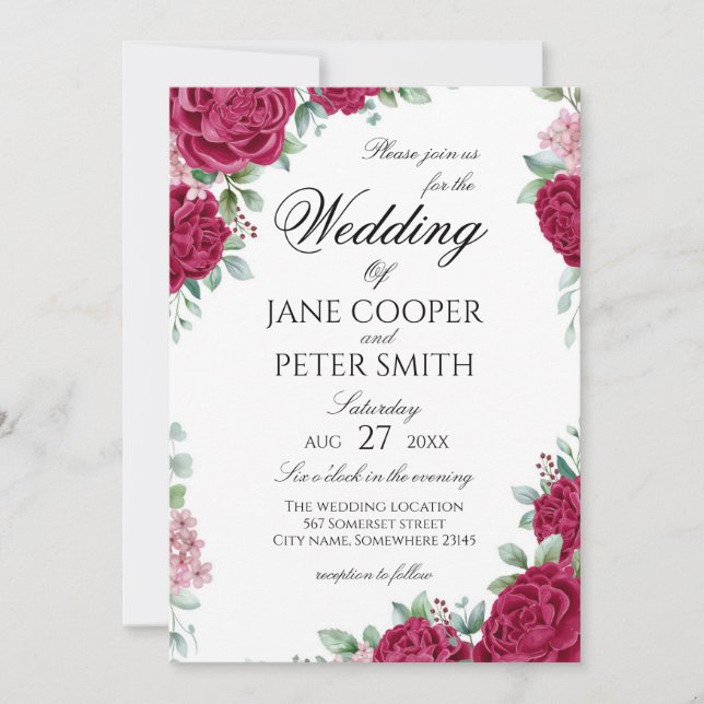 Red roses floral Wedding Invitation Einladung (Vorderseite)