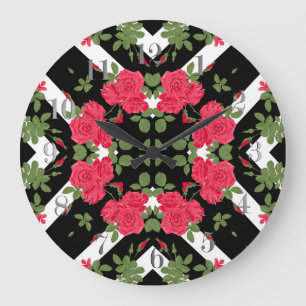 Red roses flowers floral kaleidoscopic black white große wanduhr