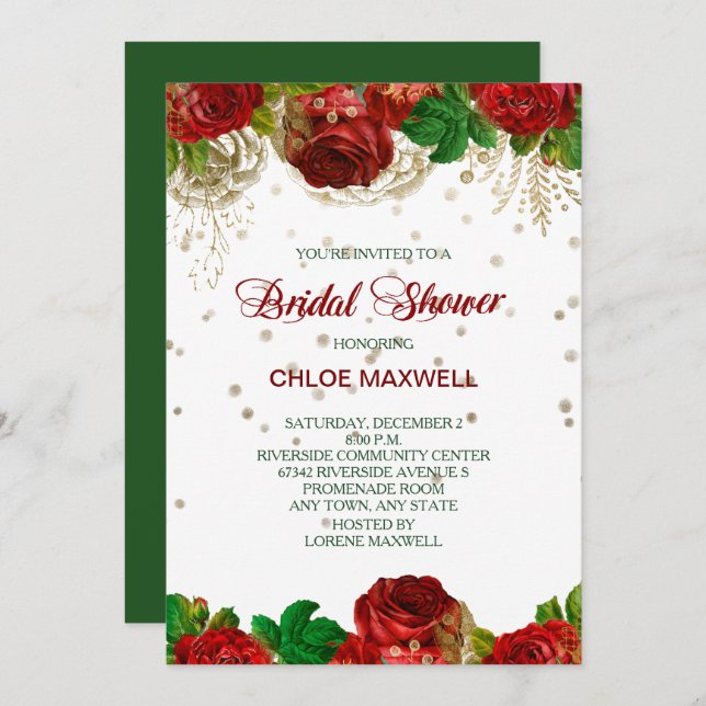 Red Roses Frontière Douche nuptiale Invitation (Devant / Derrière)