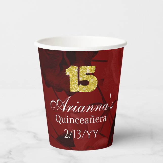 Red Roses, Gold 15, Tiara Quinceanera Pappbecher (Vorderseite)