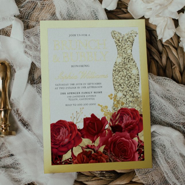 Red Roses & Gold Foil Border Bridal Shower Folieneinladung (Von Creator hochgeladen)