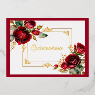 Red Roses Gold Foil Quinceañera  Folieneinladung